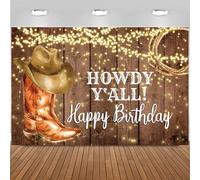 Hnmdmyi 7x5FT Western Cowboy Backdrop Happy Birthday Rustic West Rodeo Boots Wooden Floor Country Photography Background Western Theme Kids Birthday Party Decorations Banner Photo Booth Props