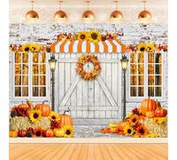 Hnmdmyi 8x6FT Fall Backdrop Autumn Pumpkin Sunflower Rustic Barn Door Brick Wall Photography Background Birthday Baby Shower Thanksgiving Day Harvest Party Decorations Banner Photo Booth Props