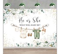 Hnmdmyi 8x6FT Gender Reveal Backdrop He or She What Will Baby Be Boy or Girl Clothes Green Eucalyptus Leaves Photography Background Gender Reveal Baby Shower Party Decorations Photo Booth Props