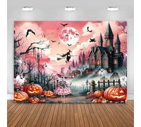Hnmdmyi 8x6FT Halloween Backdrop Pink Moon Night Spooky Witch Haunted House Pumpkin Lantern Ghost Bat Photography Background Kids Adult Family Halloween Party Decorations Banner Photo Booth Props