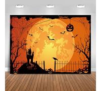 Hnmdmyi 8x6FT Halloween Backdrop Pumpkin Lantern Orange Night Moon Bat Spider Web Graveyard Fence Photography Background Kids Adult Family Halloween Party Decorations Banner Photo Booth Props