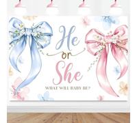 Hnmdmyi 9x6FT Gender Reveal Backdrop He or She What Will Baby Be Blue Pink Bow Watercolor Floral Photography Background Gender Reveal Baby Shower Party Decorations Banner Photo Booth Props