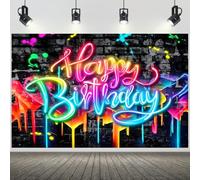 Hnmdmyi 9x6FT Happy Birthday Backdrop Colorful Graffiti Splash Paint Neon Glow in The Dark Brick Wall Photography Background Adult Kids Birthday Party Decorations Banner Photo Booth Props