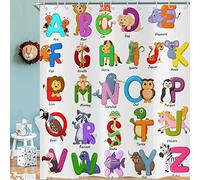 Hnmdmyi Alphabet Shower Curtain 165x180, Kids Educational Cute Cartoon ABC Learning Tool Bathroom Curtains Funny Animals Teaching Words Colorful Waterproof Polyester Fabric Bath Curtains with Hooks