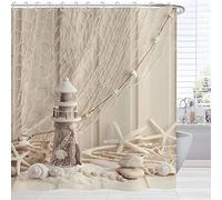 Hnmdmyi Beige Cream Shower Curtain 180x180, Beach Theme Fishing Net Starfish Seashell Wooden Lighthouse Bathroom Curtains Underwater Marine Life Nautical Waterproof Fabric Washable Bath Curtains