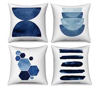 Hnmdmyi Blue Cushion Covers 45 x 45 cm Set of 4, Boho Abstract Navy Blue Geometric Decorative Throw Pillow Covers Minimalist Modern Art Aesthetic Linen Pillowcases for Sofa Couch Outdoor Home Decor