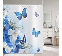 Hnmdmyi Blue Shower Curtain 180x180, Flower and Butterfly Nature Dream Fantasy Garden Bathroom Curtains with Hooks Waterproof Polyester Fabric Washable Bath Curtains for Wet Room