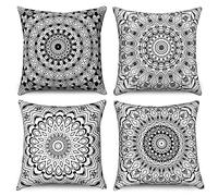 Hnmdmyi Boho Cushion Covers 40 x 40 cm Set of 4, Black Retro Floral Mandala Compass Medallion Bohemian Decorative Throw Pillow Covers Linen Pillowcases for Sofa Couch Bed Garden Outdoor Home Decor