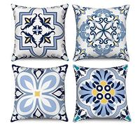 Hnmdmyi Boho Cushion Covers 40 x 40 cm Set of 4, Blue and Yellow Retro Geometric Mandala Floral Decorative Throw Pillow Covers Square Linen Pillowcases for Sofa Couch Bed Garden Outdoor Home Decor