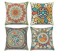 Hnmdmyi Boho Cushion Covers 40 x 40 cm Set of 4, Retro Colorful Mandala Floral Bohemian Decorative Throw Pillow Covers Hippie Aesthetic Art Linen Pillowcases for Sofa Couch Garden Outdoor Home Decor