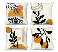 Hnmdmyi Boho Cushion Covers 45 x 45 cm Set of 4, Abstract Leaf Plant Sun Rainbow Decorative Throw Pillow Covers Geometric Minimalist Modern Art Aesthetic Linen Pillowcases for Sofa Couch Home Decor