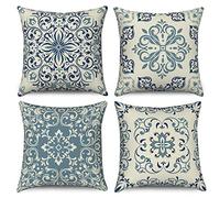 Hnmdmyi Boho Cushion Covers 45 x 45 cm Set of 4, Blue Vintage Geometric Mandala Floral Decorative Throw Pillow Covers Linen Square Pillowcases for Sofa Couch Bed Garden Outdoor Home Decor