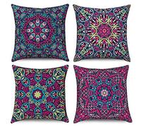 Hnmdmyi Boho Cushion Covers 45 x 45 cm Set of 4, Retro Floral Mandala Compass Medallion Decorative Throw Pillow Covers Bohemian Hippie Linen Pillowcases for Sofa Couch Bed Garden Outdoor Home Decor