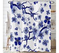 Hnmdmyi Cherry Blossom Shower Curtain 165x180, Blue Blooming Sakura Flower Branch Petals Japanese Watercolor Floral Artwork Bathroom Curtains Waterproof Polyester Fabric Washable Bath Curtains