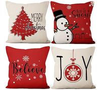 Hnmdmyi Christmas Cushion Covers 50 x 50 cm Set of 4, Red Farmhouse Merry Xmas Tree Let It Snow Believe Joy Winter Holiday Decorative Throw Pillow Covers Linen Pillowcases for Sofa Couch Home Decor