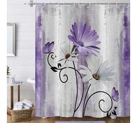 Hnmdmyi Farmhouse Floral Shower Curtain 180x200, Rustic Purple Daisy Flowers and Butterfly on Country Wooden Board Bathroom Curtains Waterproof Polyester Fabric Washable Bath Curtains with Hooks