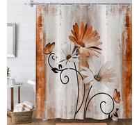 Hnmdmyi Farmhouse Floral Shower Curtain 200x180, Rustic Orange Daisy Flowers and Butterfly on Country Wooden Board Bathroom Curtains Waterproof Polyester Fabric Washable Bath Curtains with Hooks