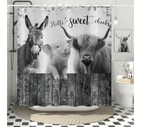 Hnmdmyi Farmhouse Shower Curtain 180x180, Funny Highland Cow Pig Donkey on Fence Rustic Country Hello Sweet Cheeks Grey Bathroom Curtains Waterproof Polyester Fabric Washable Bath Curtains with Hooks
