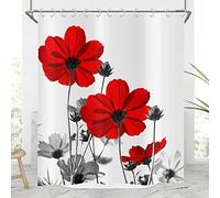 Hnmdmyi Floral Shower Curtain 180x200, Red and Grey Daisy Flower Elegant Wildflower Design Farmhouse Bathroom Curtains with Hooks Waterproof Polyester Fabric Washable Bath Curtains for Wet Room