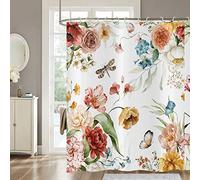 Hnmdmyi Floral Shower Curtain 180x200, Watercolor Colorful Flower Plant Butterfly Wildflowers Blossom Bathroom Curtains with Hooks Waterproof Polyester Fabric Washable Bath Curtains for Wet Room