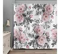 Hnmdmyi Floral Shower Curtain 90x180, Pink Flower Grey Leaf Shower Curtains Watercolor Blossom Plant Botanical Nature Bathroom Curtains Waterproof Polyester Fabric Washable Bath Curtains with Hooks
