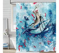 Hnmdmyi Funny Cat Shower Curtain 180x180, Hilarious Cat Riding Whale in Ocean Wave Shower Curtains Cute Kids Watercolor Blue Bathroom Curtains with Hooks Waterproof Fabric Washable Bath Curtains