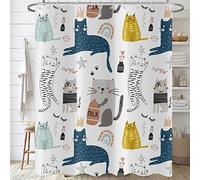 Hnmdmyi Funny Cat Shower Curtain 200x180, Kids Cute Cartoon Animal Graffiti Colorful Kitten Bathroom Curtains with Hooks Boys Girls Waterproof Polyester Fabric Washable Bath Curtains for Wet Room