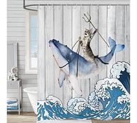 Hnmdmyi Funny Cat Shower Curtain 90x180, Cool Cat Riding Whale with Japan Kanagawa Waves on Rustic Wooden Bathroom Curtains Cute Kids Farmhouse Waterproof Polyester Fabric Washable Bath Curtains