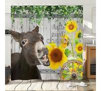 Hnmdmyi Funny Donkey Shower Curtain 90x180, Farmhouse Western Animal Vintage Sunflower Green Leaves on Rustic Wood Bathroom Curtains Waterproof Polyester Fabric Washable Bath Curtains with Hooks