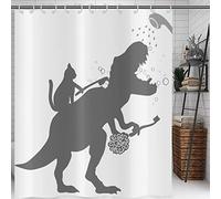Hnmdmyi Funny Shower Curtain 150x180, Cat Help Dinosaur Bath Shower Curtains Kids Boys Silhouette Shadow Black White Bathroom Curtains Waterproof Polyester Fabric Washable Bath Curtains with Hooks