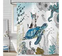 Hnmdmyi Funny Shower Curtain 180x180, Cute Cat Riding Sea Turtle Shower Curtains Ocean Underwater Landscape Coral Reef Marine Animal Kids Bathroom Curtains Waterproof Polyester Fabric Bath Curtains