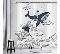 Hnmdmyi Funny Shower Curtain 90x180, Astronauts Riding Whales in Ocean Wave Bathroom Curtains Oriental Vintage Kanagawa Japanese Wave Art Kids Waterproof Fabric Washable Bath Curtains with Hooks