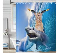 Hnmdmyi Funny Shower Curtain 90x180, Cool Cat Riding Shark Shower Curtains Ocean Sea Waves Fish Blue Cute Kids Boys Bathroom Curtains Waterproof Polyester Fabric Washable Bath Curtains with Hooks