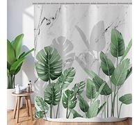 Hnmdmyi Green Leaf Shower Curtain 180x180, Tropical Palm Banana Leaves on Grey and White Marble Bathroom Curtains Jungle Plant Botanical Waterproof Polyester Fabric Washable Bath Curtains with Hooks