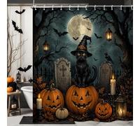 Hnmdmyi Halloween Shower Curtain 180x180, Funny Cat Spooky Pumpkin Graveyard Bat Horror Moon Night Bathroom Curtains Waterproof Polyester Fabric Washable Bath Curtains with Hooks