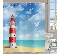Hnmdmyi Lighthouse Shower Curtain 180x220, Ocean Beach Seagull Blue Sky White Clouds Scenery Bathroom Curtains with Hooks Waterproof Polyester Fabric Washable Bath Curtains for Wet Room