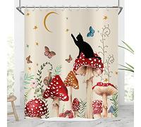Hnmdmyi Mushroom Shower Curtain 180x180, Retro Boho Floral Butterfly Moon Stars Black Cat Wildflowers Green Plant Beige Aesthetic Bathroom Curtains Waterproof Polyester Fabric Washable Bath Curtains