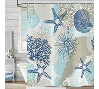 Hnmdmyi Nautical Coastal Shower Curtain 180x200, Beach Themed Starfish Conch Coral Shower Curtains Ocean Marine Life Bathroom Curtains Waterproof Polyester Fabric Washable Bath Curtains with Hooks