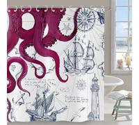 Hnmdmyi Nautical Shower Curtain 180x180, Funny Octopus Vintage Sailboat Compass Lighthouse Anchor Coastal Map Bathroom Curtains Waterproof Polyester Fabric Washable Bath Curtains with Hooks