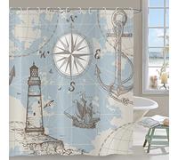 Hnmdmyi Nautical Shower Curtain 180x180, Sailboat Lighthouse Compass Anchor Map Decorative Boys Kids Bathroom Curtains with Hooks Waterproof Polyester Fabric Washable Bath Curtains for Wet Room