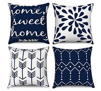 Hnmdmyi Navy Blue and White Cushion Covers 45 x 45 cm Set of 4, Boho Throw Pillow Covers Home Sweet Home Modern Geometric Neutral Decorative Linen Pillowcases for Sofa Couch Bed Garden Home Decor