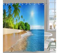 Hnmdmyi Ocean Beach Shower Curtain 180x240, Tropical Palm Trees Seaside Island Blue Sky Hawaiian Landscape Bathroom Curtains with Hooks Waterproof Polyester Fabric Washable Bath Curtains for Wet Room