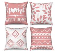 Hnmdmyi Pink and White Cushion Covers 40 x 40 cm Set of 4, Boho Throw Pillow Covers Sweet Home Farmhouse Modern Geometric Neutral Decorative Linen Pillowcases for Sofa Bed Garden Outdoor Home Decor