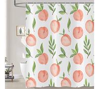 Hnmdmyi Pink Peach Shower Curtain 120x180, Allover Fruits Green Leaf Shower Curtains Cute Bright Colorful Bathroom Curtains with Hooks Waterproof Polyester Fabric Washable Bath Curtains for Wet Room
