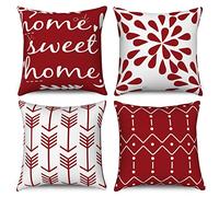 Hnmdmyi Red and White Cushion Covers 40 x 40 cm Set of 4, Boho Throw Pillow Covers Home Sweet Home Modern Geometric Pattern Neutral Decorative Linen Pillowcases for Sofa Couch Bed Garden Home Decor