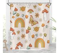 Hnmdmyi Retro Boho Floral Shower Curtain 180x180, 70s Colorful Funky Mushroom Flower Rainbow with Butterfly Vintage Bathroom Curtains Waterproof Polyester Fabric Washable Bath Curtains with Hooks