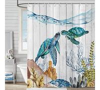Hnmdmyi Sea Turtle Shower Curtain 180x200, Underwater Coral Aquatic Plants Ocean Nautical Shower Curtains Rustic Wooden Board Bathroom Curtains Waterproof Polyester Fabric Washable Bath Curtains