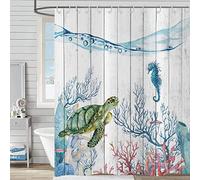 Hnmdmyi Sea Turtle Shower Curtain 180x220, Underwater Coral Aquatic Plants Ocean Nautical Shower Curtains Rustic Wooden Board Bathroom Curtains Waterproof Polyester Fabric Washable Bath Curtains
