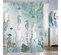 Hnmdmyi Seahorse Shower Curtain 165x180, Nautical Coastal Tropical Fish Coral Teal Ocean Themed Underwater Marine Life Bathroom Curtains Waterproof Polyester Fabric Washable Bath Curtains with Hooks