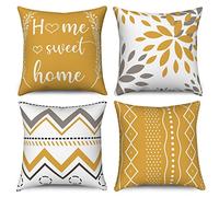 Hnmdmyi Yellow Cushion Covers 45 x 45 cm Set of 4, Home Sweet Home Floral Boho Geometric Decorative Throw Pillow Covers Modern Farmhouse Linen Pillowcases for Sofa Couch Bed Garden Outdoor Home Decor